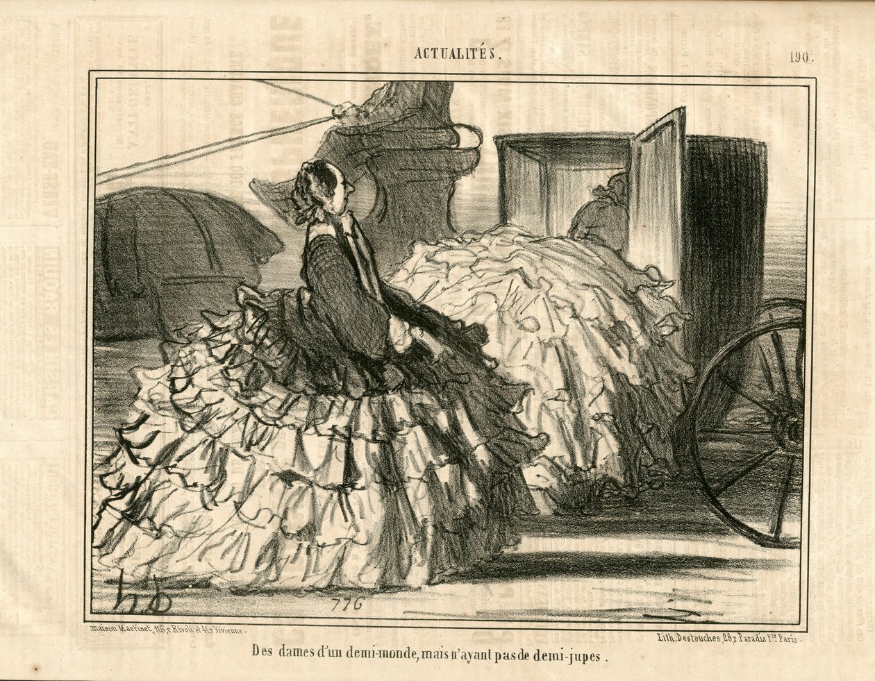 Le Charivari, satirisk i B&B, ca. 1855_5_11: Nyheder n* 190. Damer af en demi-monde, men ikke nederdele. - Mode, Transport, Crinolines - Kvindeillustration af Honore Daumier (1808-1879) af Honoré Daumier