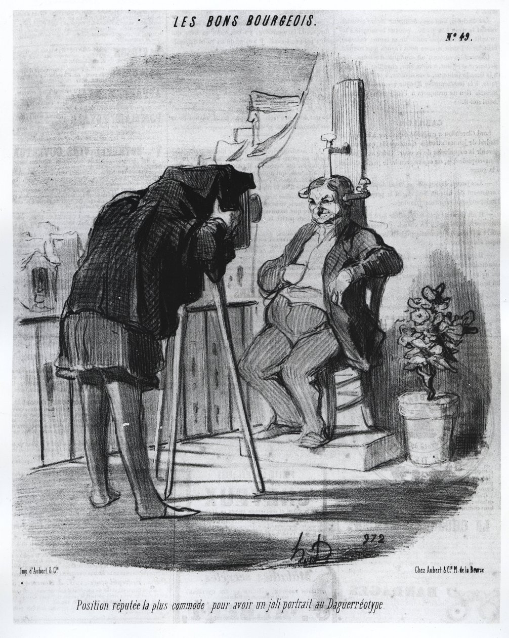 Les Bons Bourgeois - Den mest bekvemme position til at have et flot portræt i daguerreotypien, karikatur af Daumier - i "" Charivari"" af 24/07/1847. af Honoré Daumier