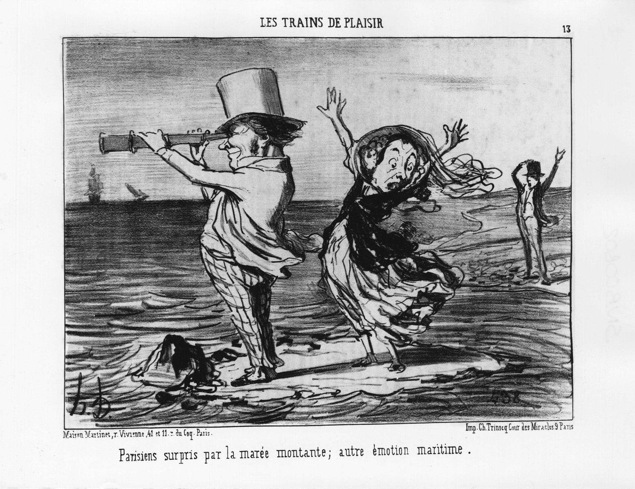 Lysttog: Parisere overrasket over det stigende tidevand; andre maritime følelser - af Daumier "" Les chemins de fer"", i "" Charivari"" af 18/09/1852. af Honoré Daumier