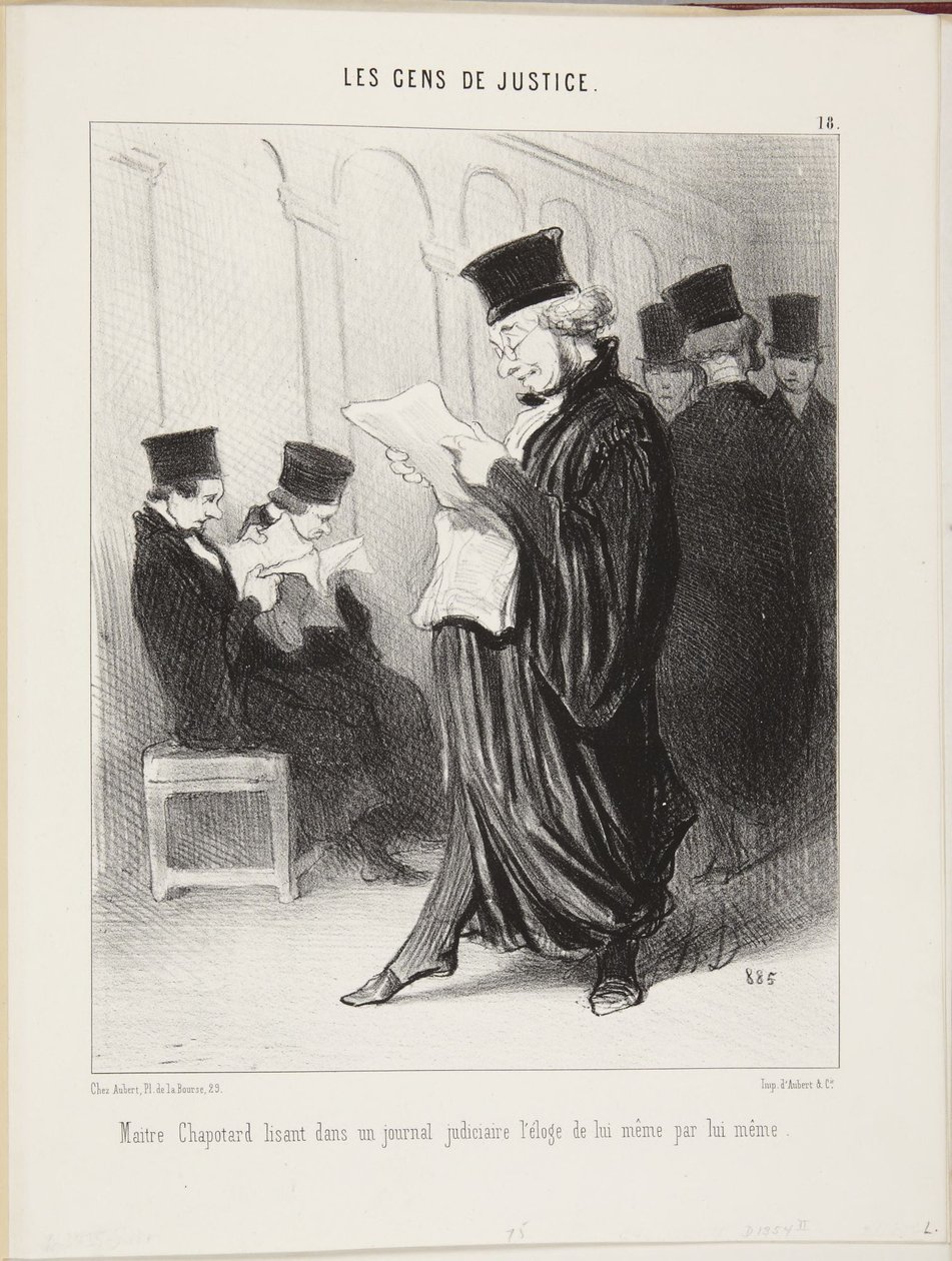 Mester Chapotard læser i en retsavis en lovprisning af sig selv, skrevet af ham selv af Honoré Daumier