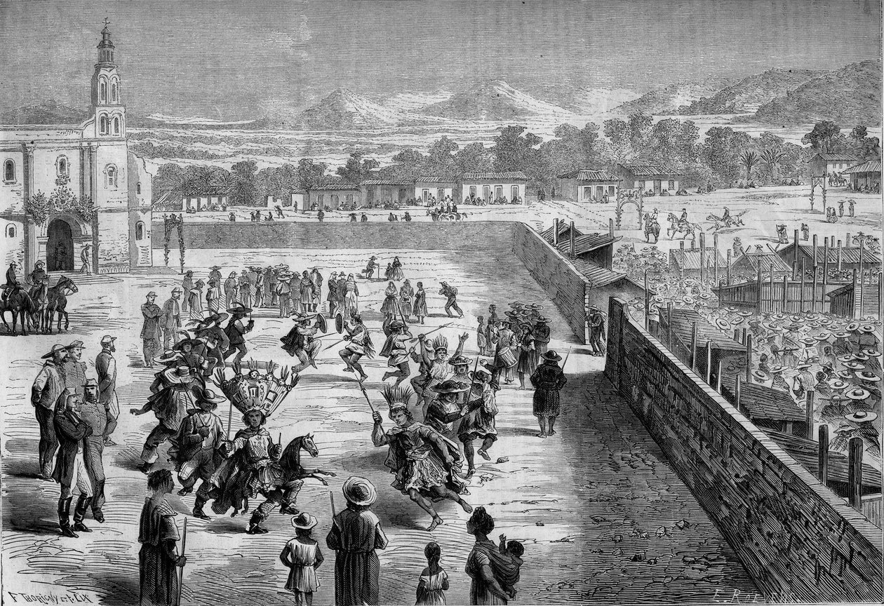 Mexicansk skik: Indisk fest og dans i Santa Anna (Mexico) til minde om erobringen af Fernando Cortez. Mexicanerne væmmedes som spanske conquistadorer og soldater fra den aztekiske hær Montezuma. 1863. Indgravering i “” Le Monde Illustré”” nr. 315 af af Honoré Daumier