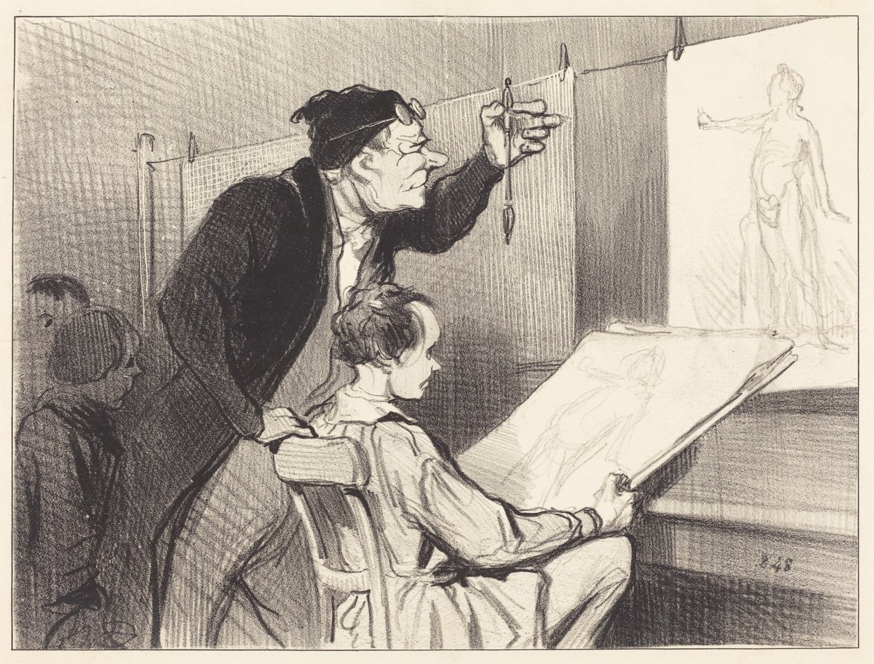 Tegnelærerens vanskelige og følsomme opgave... af Honoré Daumier