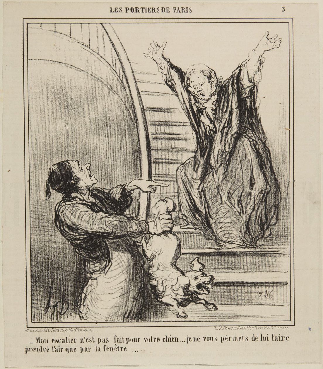 Min trappe er ikke lavet til Deres hund..., nummer 3 fra serien Portnerne i Paris fra Le Charivari af Honoré Daumier