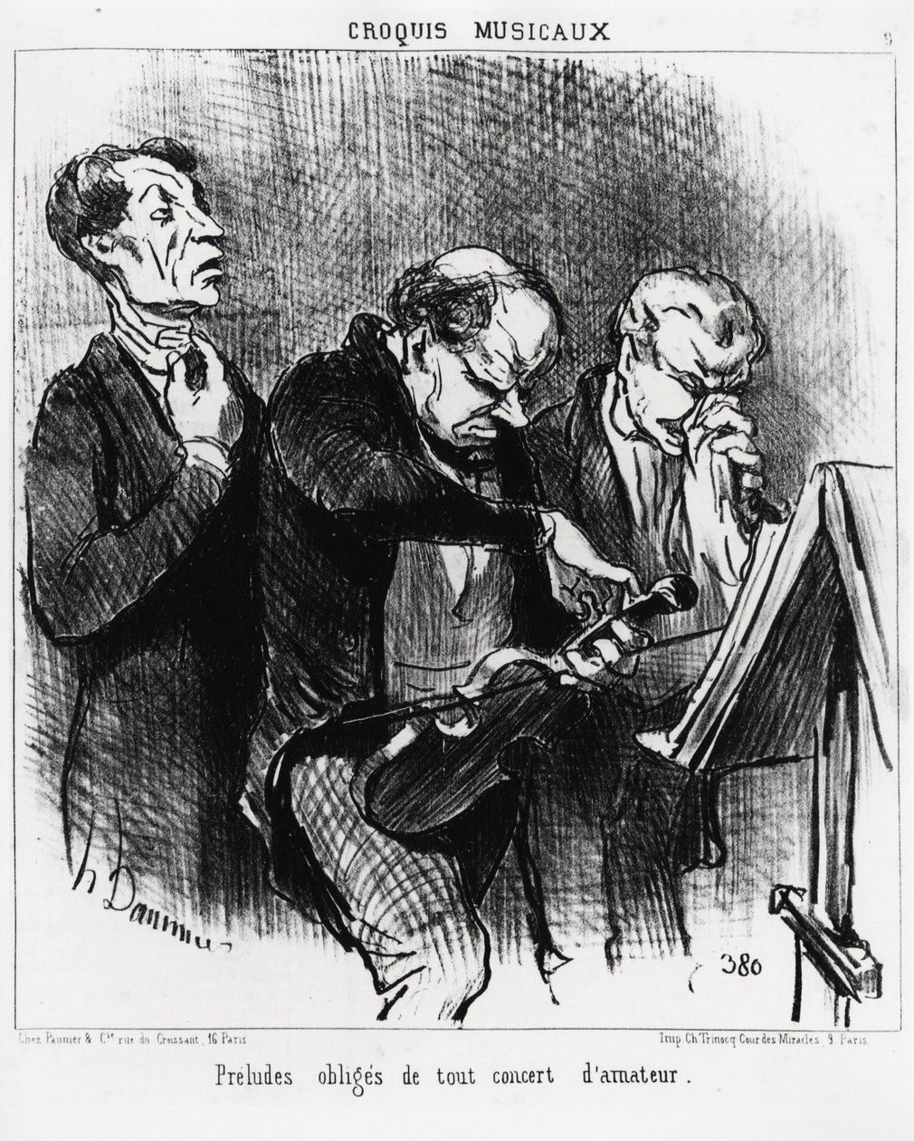 Musikalske sketcher: obligatoriske optakt til enhver amatørkoncert. Tre musikere stræber efter at oplyse deres stemmer, stemme en violin og pudse deres næse med pragt. Illustration d