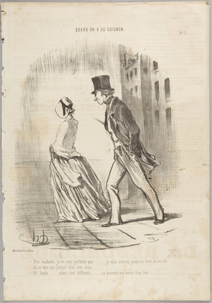 Nej, frue, jeg vil ikke forlade Dem..., nummer 3 fra serien Når man har uheld fra Le Charivari af Honoré Daumier