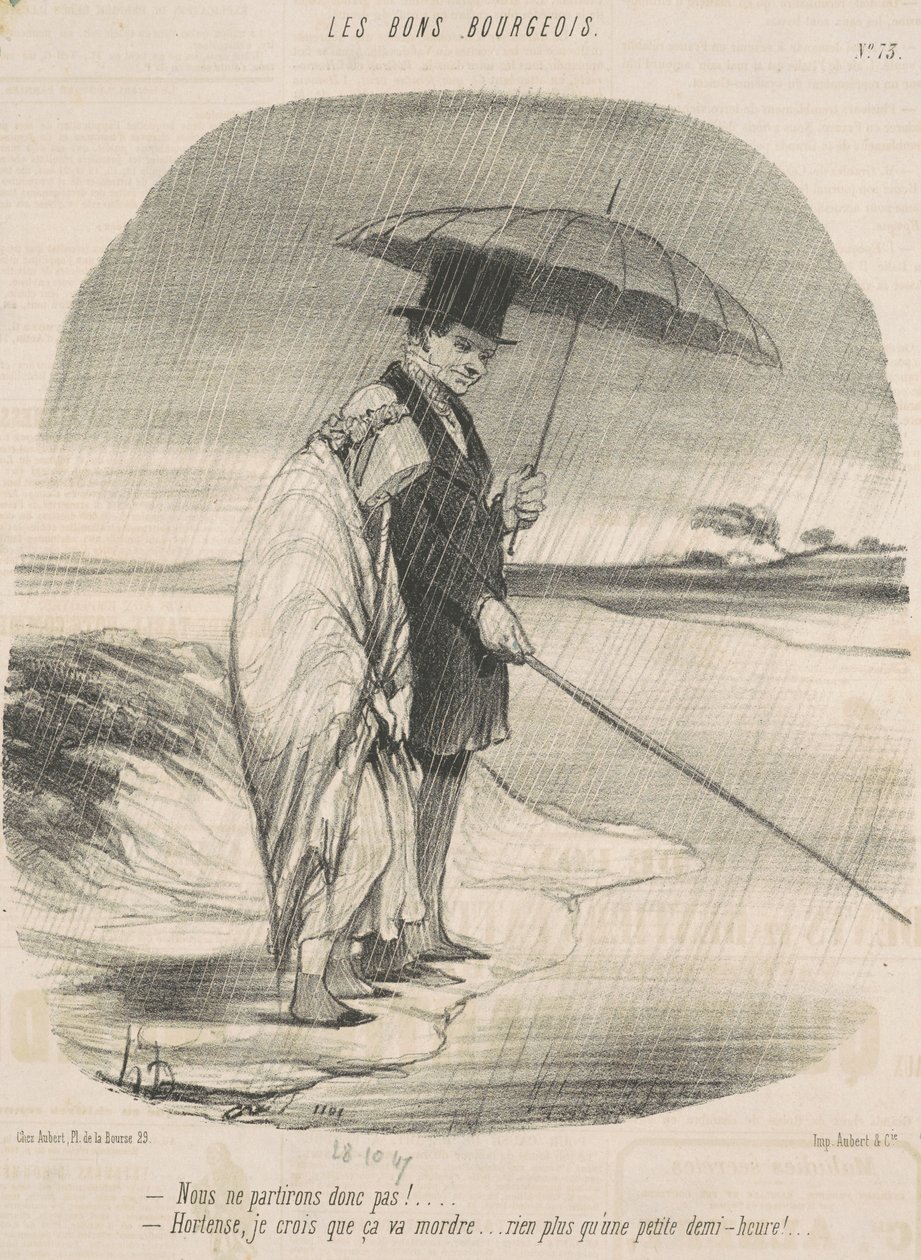 Så vi rejser altså ikke! - Hortense, jeg tror, den bider på ... Ikke mere end en lille halv time! af Honoré Daumier