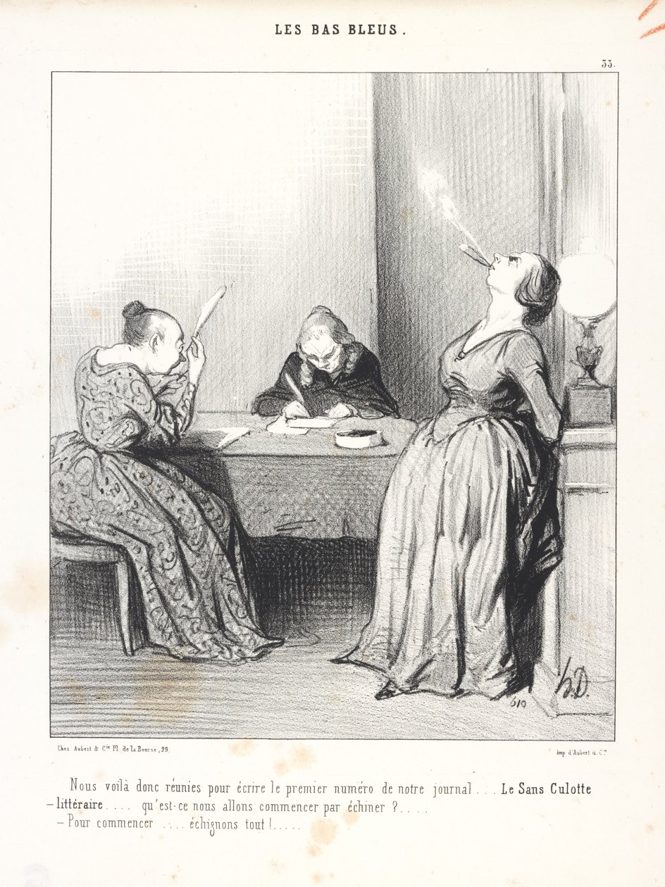 Så er vi altså samlet for at skrive det første nummer af vores avis … »Le Sans Culotte littéraire« … hvad skal vi dog begynde at kritisere … / Lad os til at begynde med … kritisere det hele! (Her er vi samlet for at skrive det første nummer af vores avis af Honoré Daumier