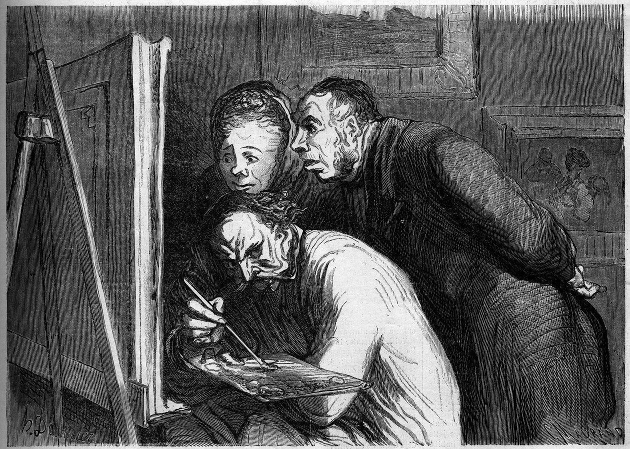 Malere og borgerlige. Tegnefilm af Honore Daumier (1808-1879). Indgravering i "" Le Monde Illustré"" nr. 262 af 19. april 1862. af Honoré Daumier