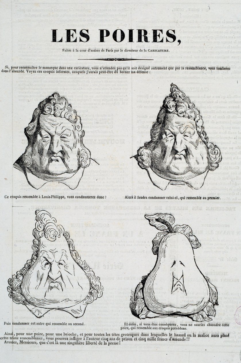 Pærer: Karikatur, der repræsenterer en metamorfose af Louis Philippes ansigt i pære. Tegning af Honore Daumier (1808-1879) efter den originale tegning af Charles Philippon (1806-1862) "" La Caricature"", januar 1832 Paris, Musee Carnavalet af Honoré Daumier