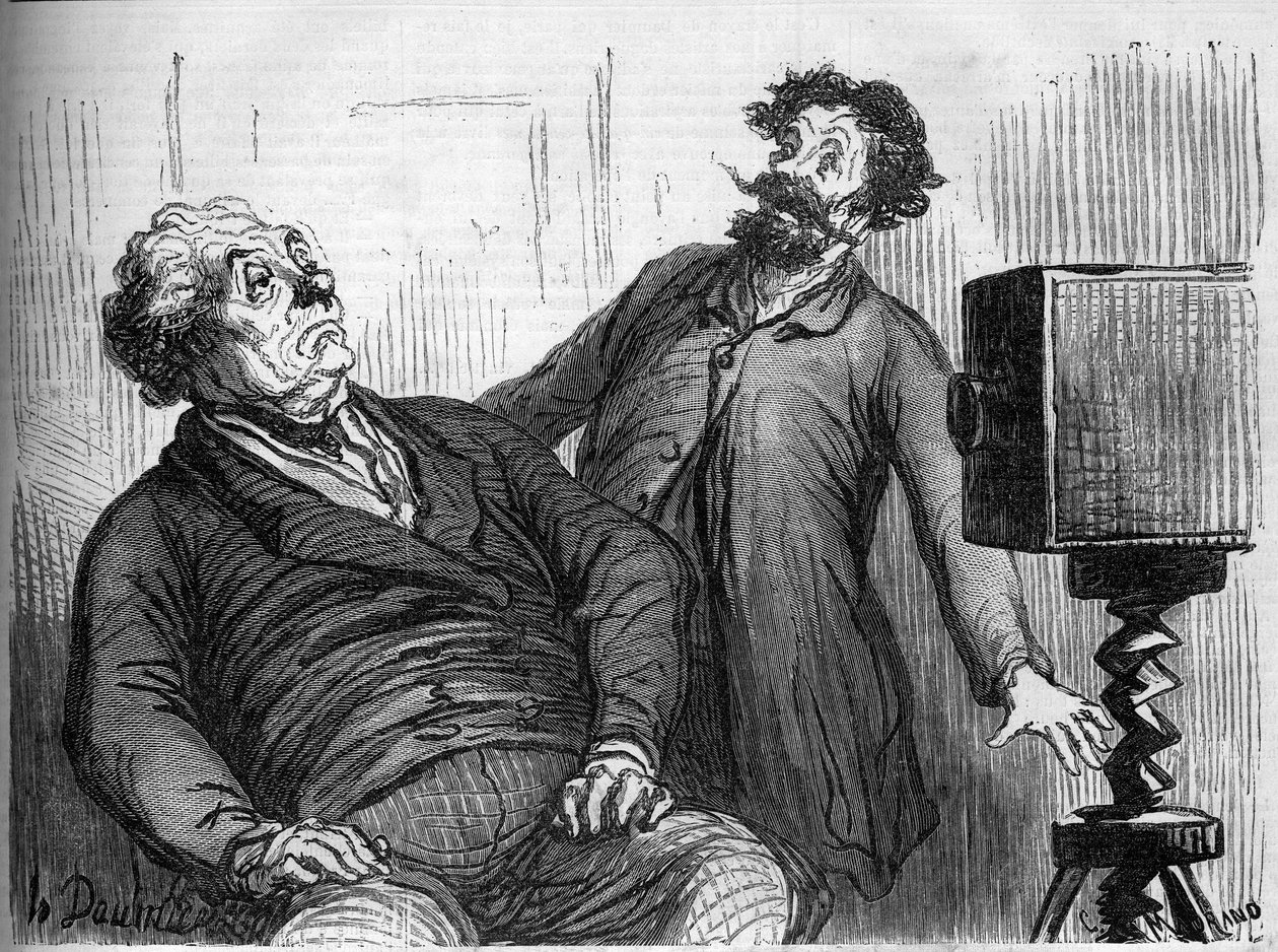 Fotografer og fotografier. Tegnefilm af Honore Daumier (1808-1879). Indgravering i "" Le Monde Illustré"" n¡259 af 29. marts 1862. af Honoré Daumier