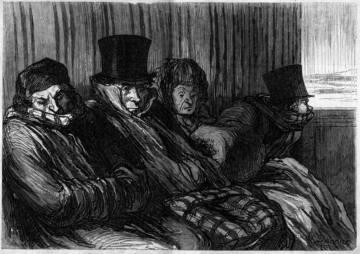 Lysttog: 10 graders kedsomhed og dårligt humør. Tegnefilm af Honore Daumier (1808-1879). Indgravering i "" Le Monde Illustré"" nr. 249 af 18. januar af Honoré Daumier