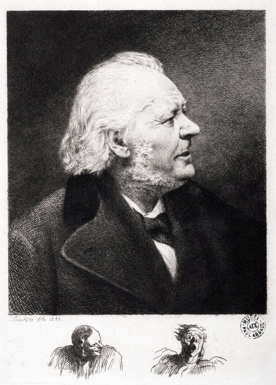Portræt af Honore Daumier (1808-1879), fransk gravør, maler og billedhugger. Indgravering af søn Boulard af Honoré Daumier