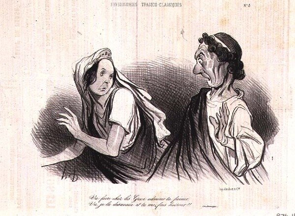 Fysiognomi af den klassiske tragedies karakterer; "Gå, få grækerne til at beundre din stolthed. Gå, jeg fornægter det, og du gør mig syg" fra magasinet Charivari, udgivet af Aubert & Co., ca. 1832-60 (litho) af Honoré Daumier