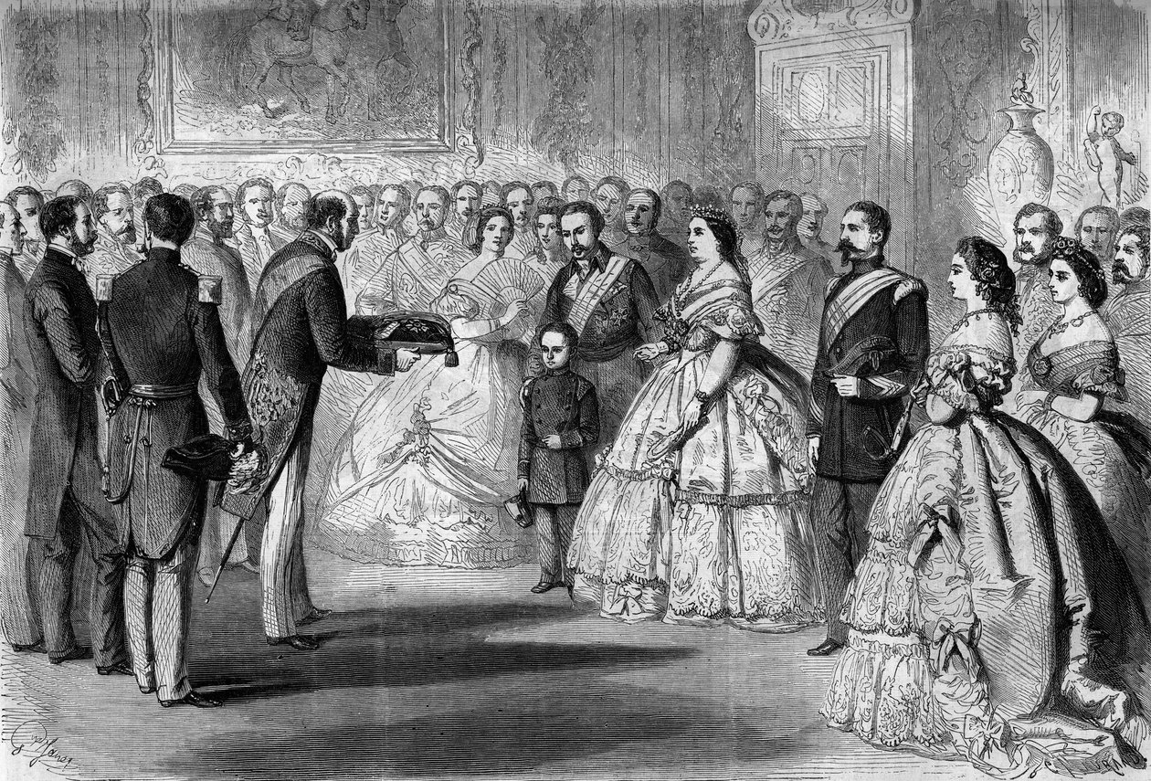Dronning Isabella II af Spanien (Isabella af Bourbon) (1830-1904) modtog Æreslegionens store snor i sin søns, prinsen af Asturiens navn. Til stede er: Napoleon III (1808-1873) og Prince Imperial (1856-1879) af Honoré Daumier