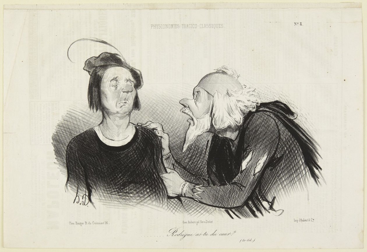 „Rodrigue, har du mod?“, nummer 8 fra serien Tragisk-klassiske fysiognomier fra Le Charivari af Honoré Daumier