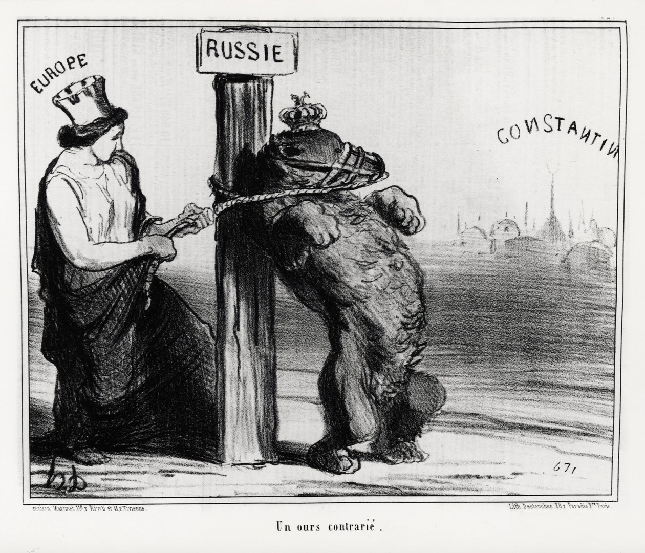 Rusland: en bjørn oprørt (af Europa). I marts 1854 dannede Frankrig og England en alliance med Tyrkiet mod Rusland Illustration af Honore Daumier (1808-1879), offentliggjort i nyhederne "Charivari" af Honoré Daumier