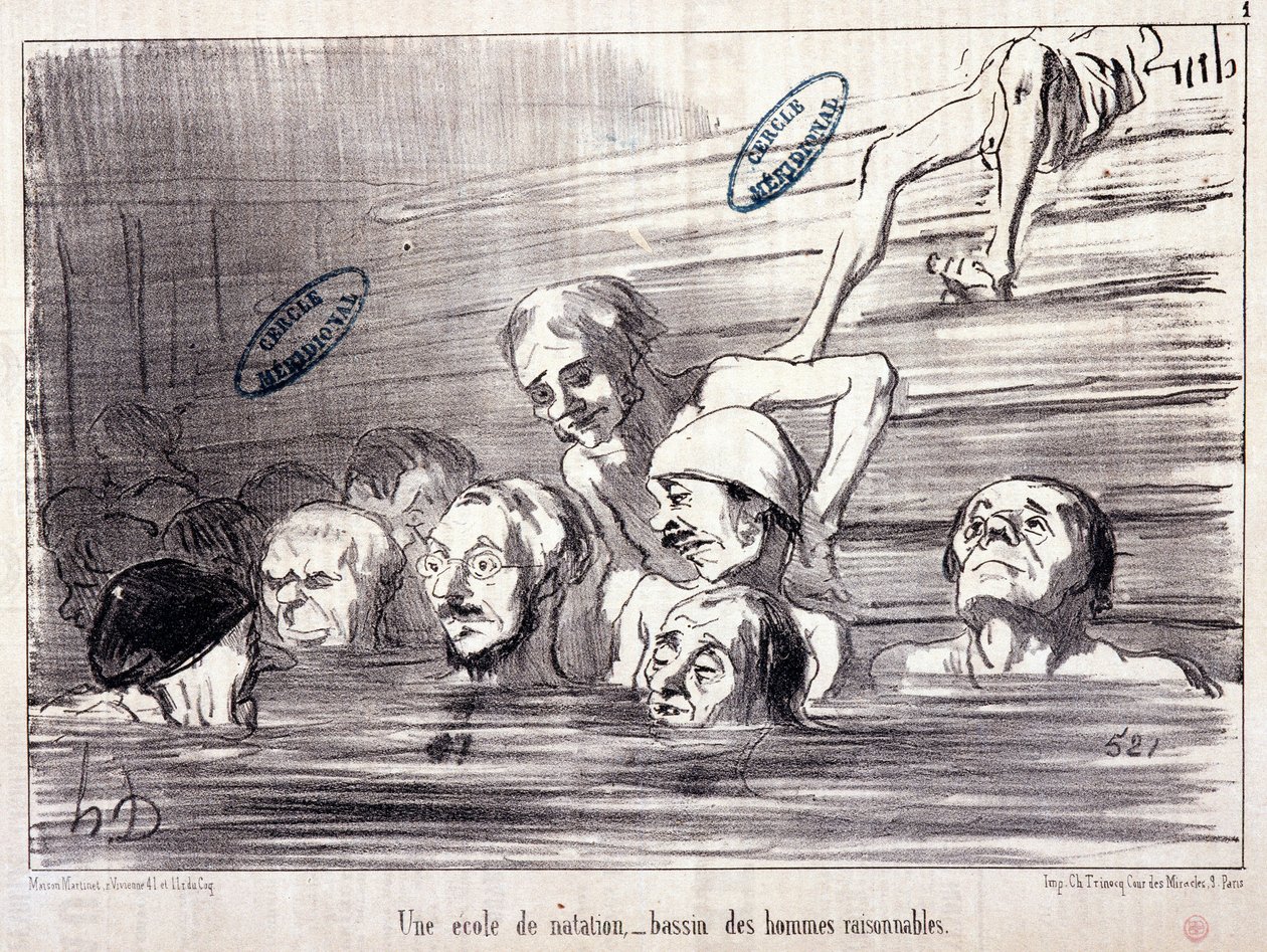 Serien "Les Bains de Mer": "Aquatic skitse. En svømmeskole, et bassin med fornuftige mænd." Gravering af Honore DAUMIER (1808-1879). Uddrag fra avisen "Le Charivari" af Honoré Daumier