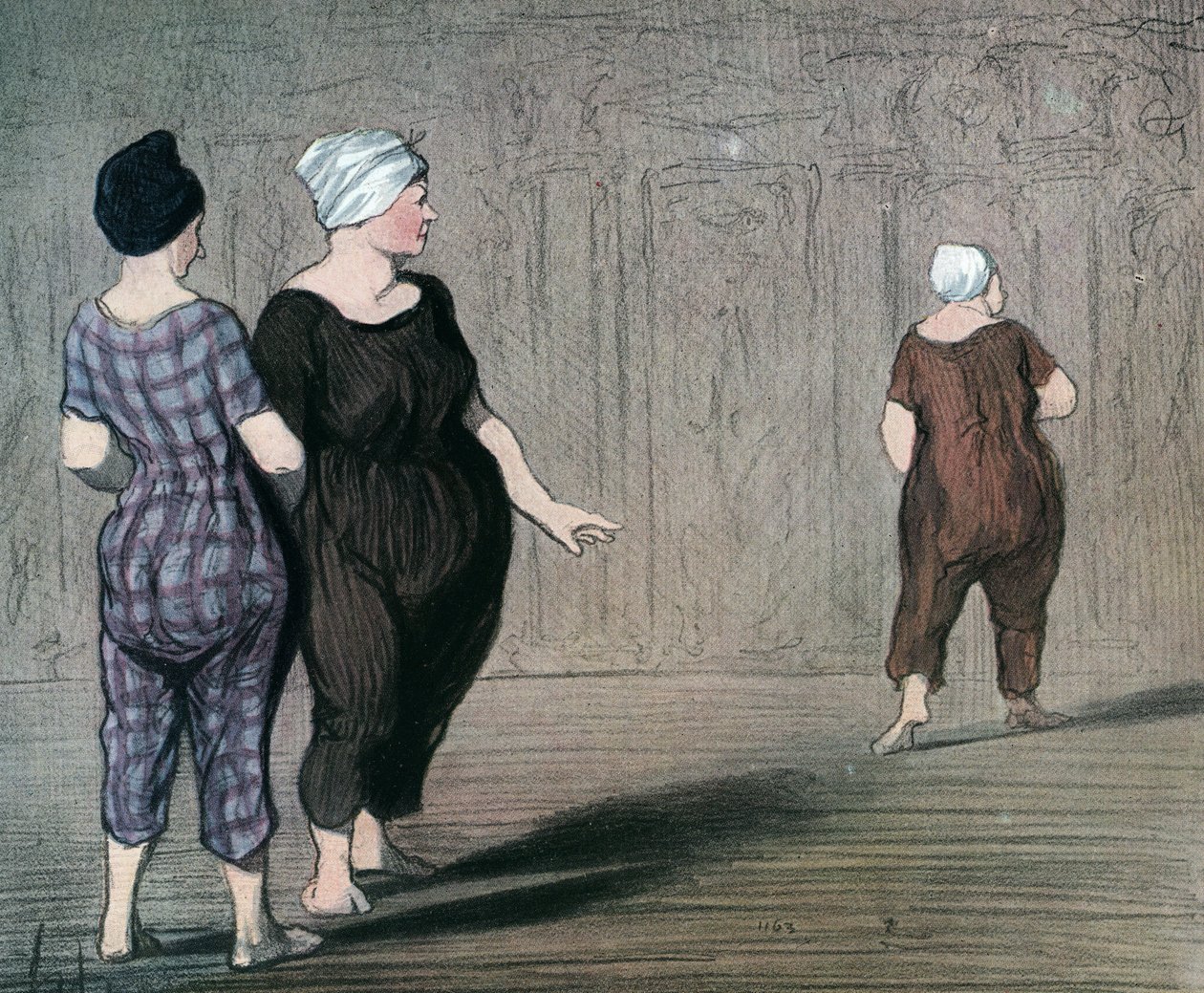 Serien "" Les batheuses"" to kvinder i badedragt undersøger snit af en anden, karikatur af Honore Daumier (1808-1879) 1844 (Badegæsterne: to damer iført badedragt, ser op og ned i taljen på en anden) Privat kollektion af Honoré Daumier
