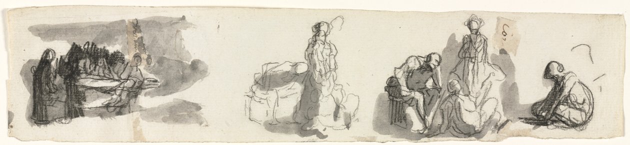 Studieark med en gruppe på fire figurer til højre (recto) af Honoré Daumier