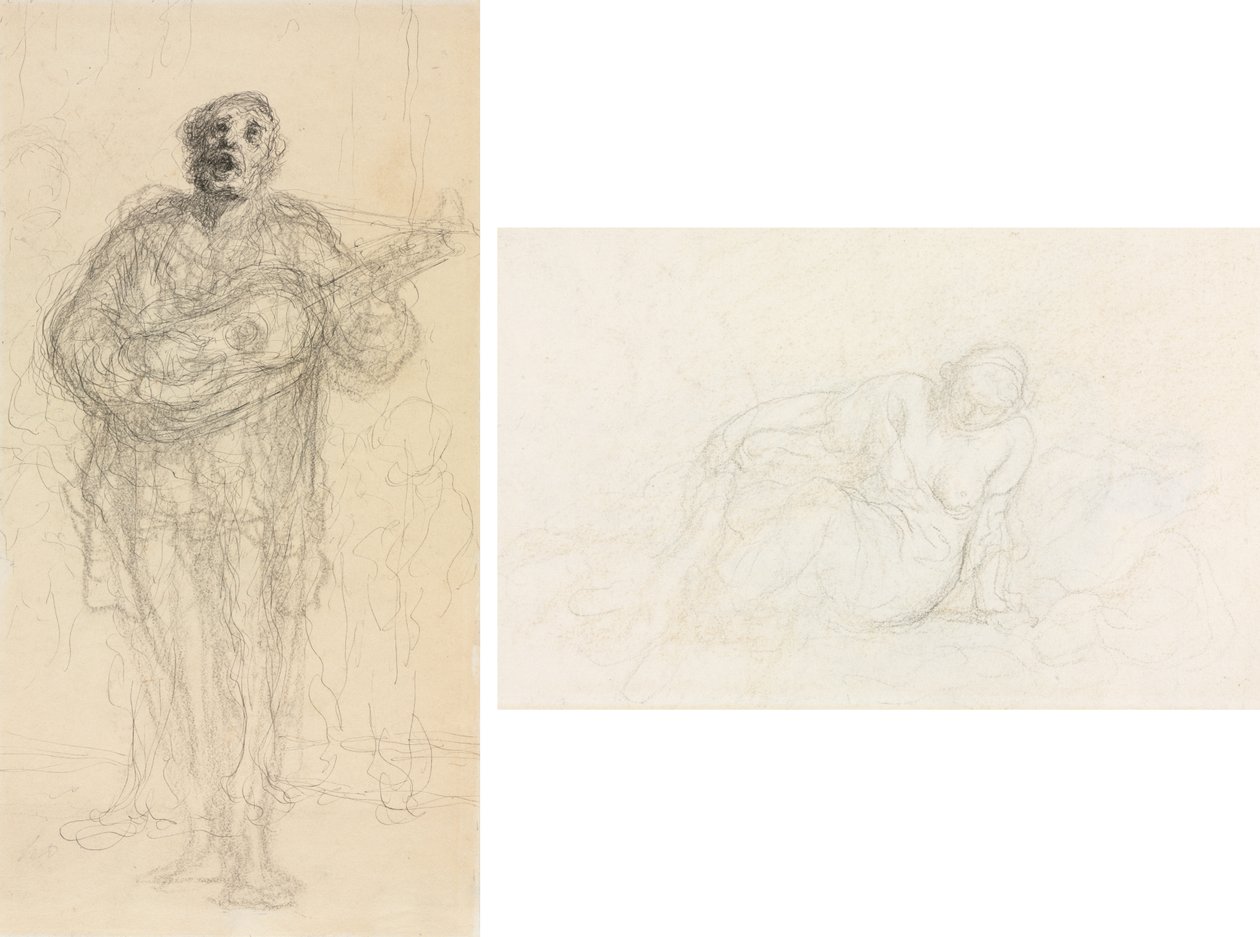Syngende guitarist (rekto); Tilbagelænet kvinde læner sig op ad sin arm (verso) af Honoré Daumier