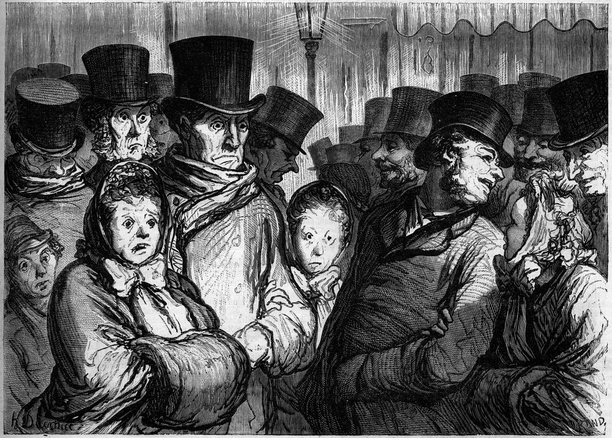 Temple Boulevard ved midnat. Til venstre, folk, der kommer ud af dramaet. Okay, folk forlader funambulerne. Tegnefilm af Honore Daumier (1808-1879). Indgravering i "" Le Monde Illustré"" nr. 254 af 22. februar af Honoré Daumier