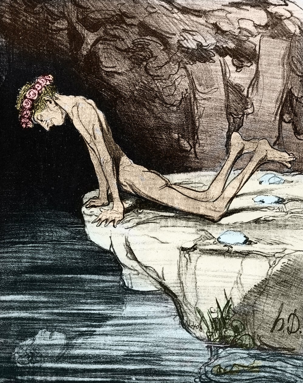 Den smukke Narcissus. Af Honore Daumier de Salvandy (1795-1856), som var forfatter, politiker og historiker, samt medlem af Academie Française 19. århundrede (litografi) af Honoré Daumier