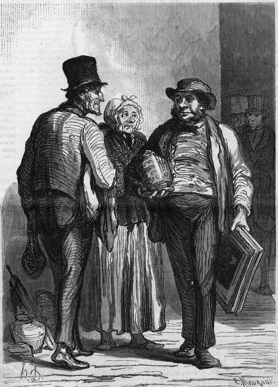 Hotel des Commissaires Ariseurs: købmændene. Tegnefilm af Honore Daumier (1808-1879). Indgravering i "" The Illustrated World"" nr. 326 af 11. januar af Honoré Daumier