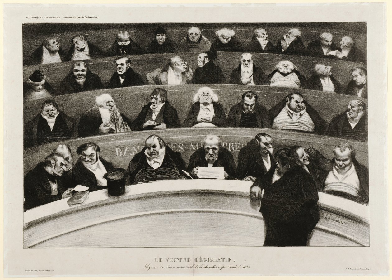 Den lovgivende mave: Udsigt over ministerbænkene i Impromptu-kammeret i 1834 (litografi) af Honoré Daumier