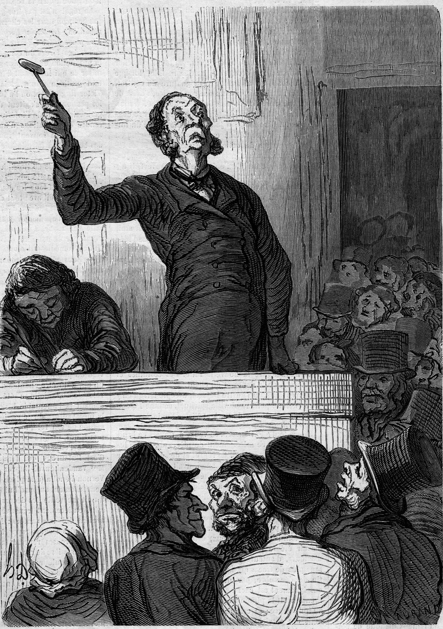 Auktionshuset: auktionsholderen (auktionsholder). Tegnefilm af Honore Daumier (1808-1879). Indgravering i "" Le Monde Illustré"" nr. 300 af 10. januar af Honoré Daumier