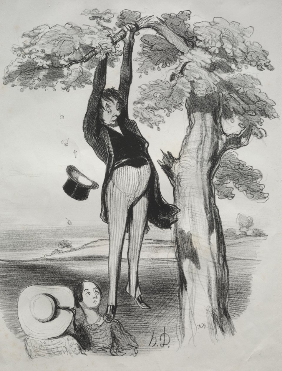 Farerne ved at ryste et blommetræ for kraftigt (når man er en voksen mand) af Honoré Daumier