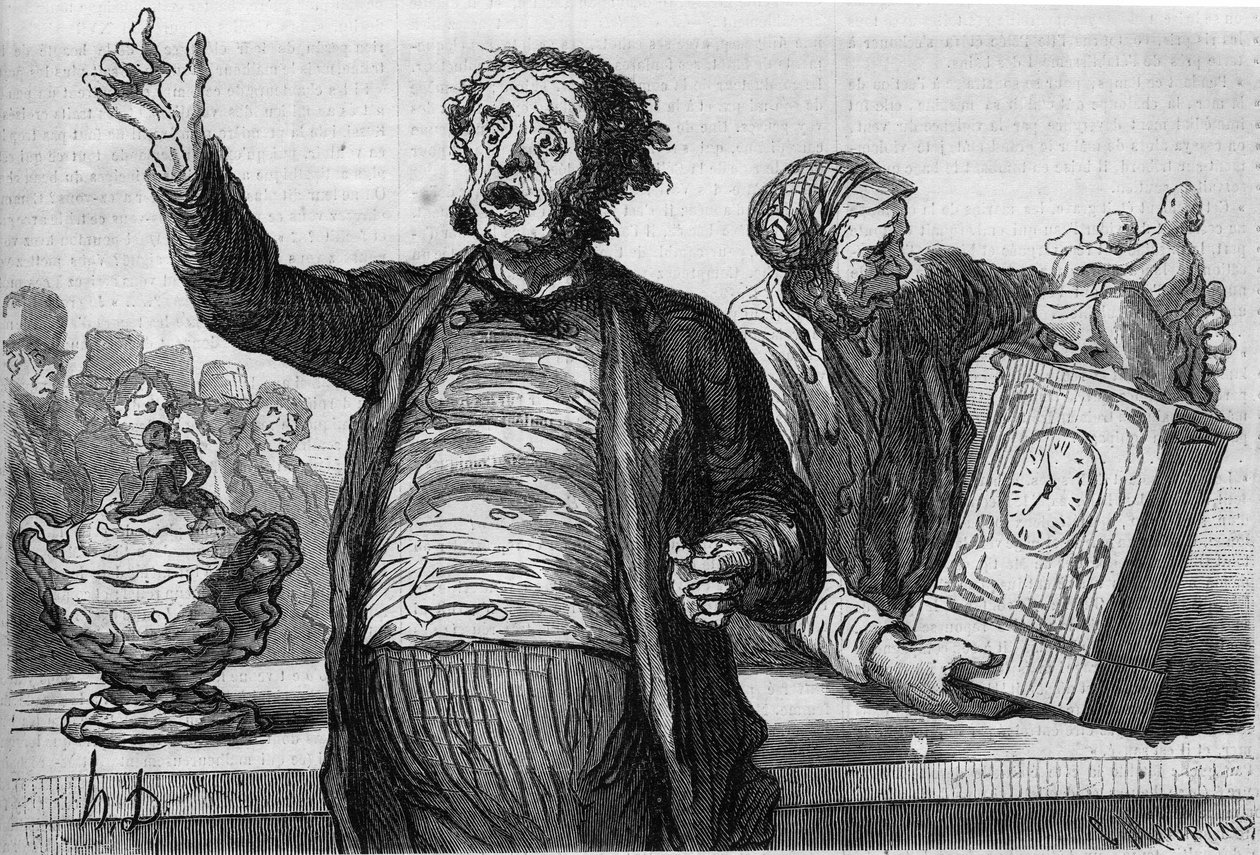 Auktionsledernes hotel: den offentlige udråber. Tegnefilm af Honore Daumier (1808-1879). Indgravering i "" Le Monde Illustré"" nr. 551 af 2. januar af Honoré Daumier