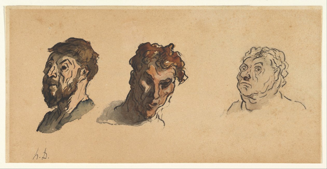Drei männliche Köpfe af Honoré Daumier