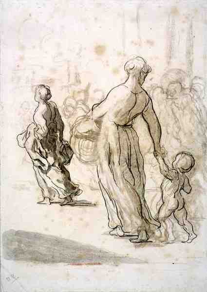 Two Women and a Child, ca. 1848-50 (kridt, kul og gouache på antikt lagt papir) af Honoré Daumier
