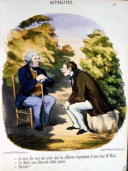 To mænd diskuterer politik og nytten af Comte de Mole (farve litho) af Honoré Daumier
