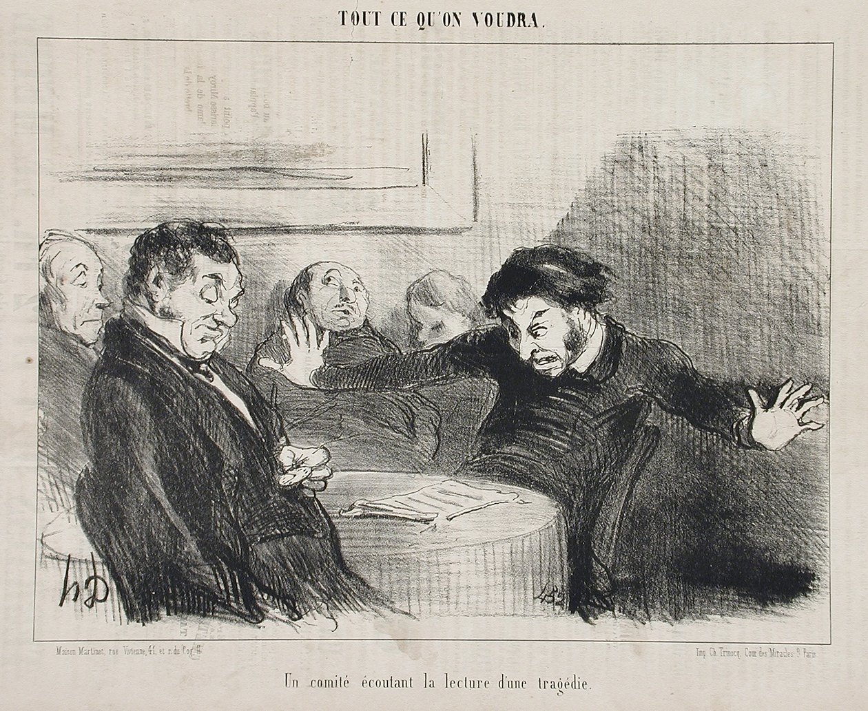 En komité lytter til oplæsningen af en tragedie af Honoré Daumier