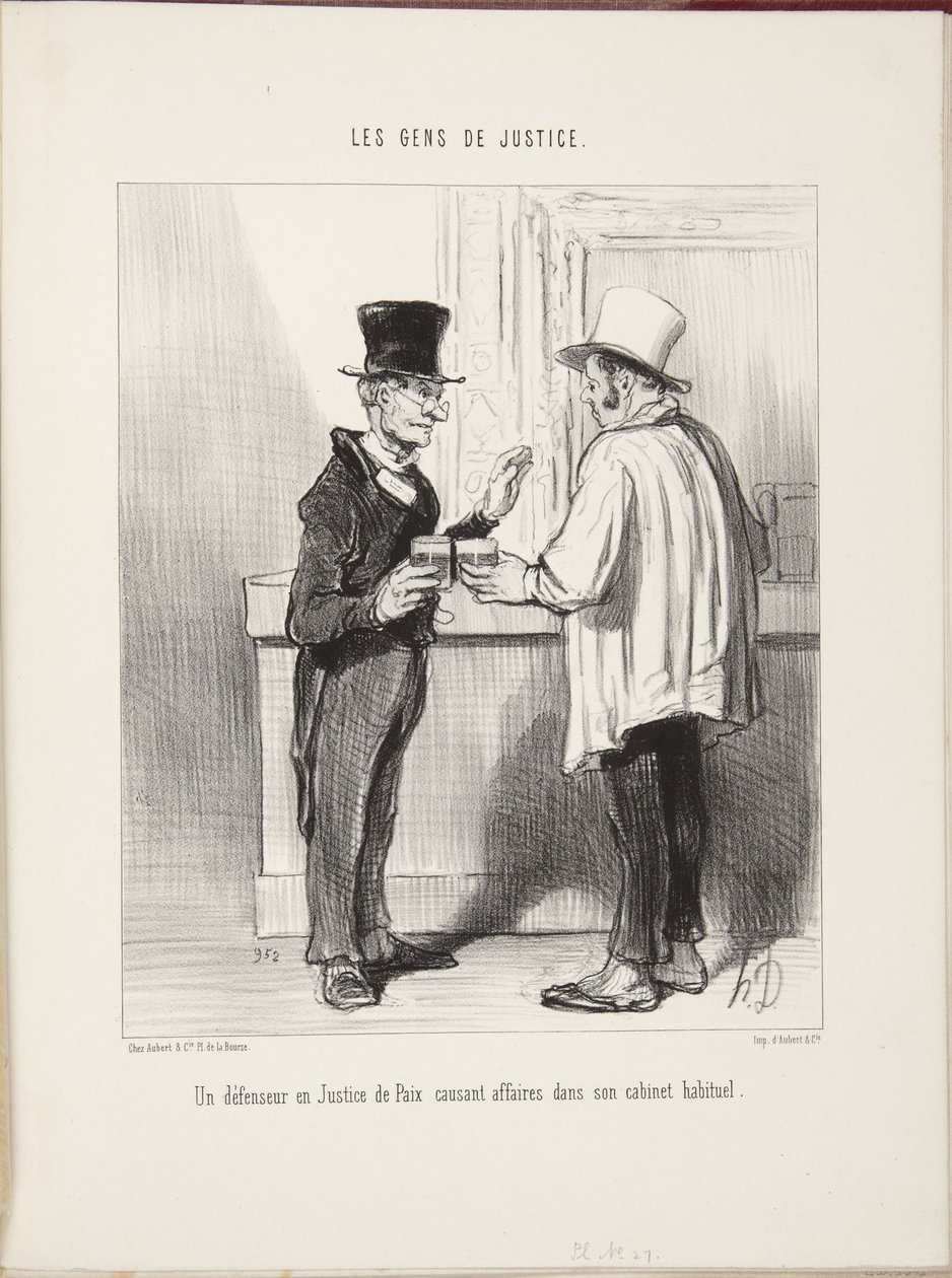 En forsvarer ved fredsdomstolen, der drøfter forretninger på sit sædvanlige kontor af Honoré Daumier