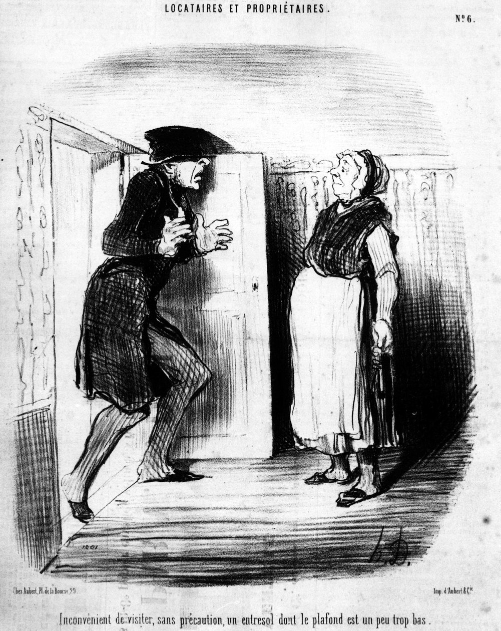 Upraktisk at besøge, uden forsigtighed, en entresol, hvis loft er lidt for lavt, taget fra "" Tenants et Owners"", tegneserieserie af Honore Daumier (1808-1879). “Charivari” af Honoré Daumier