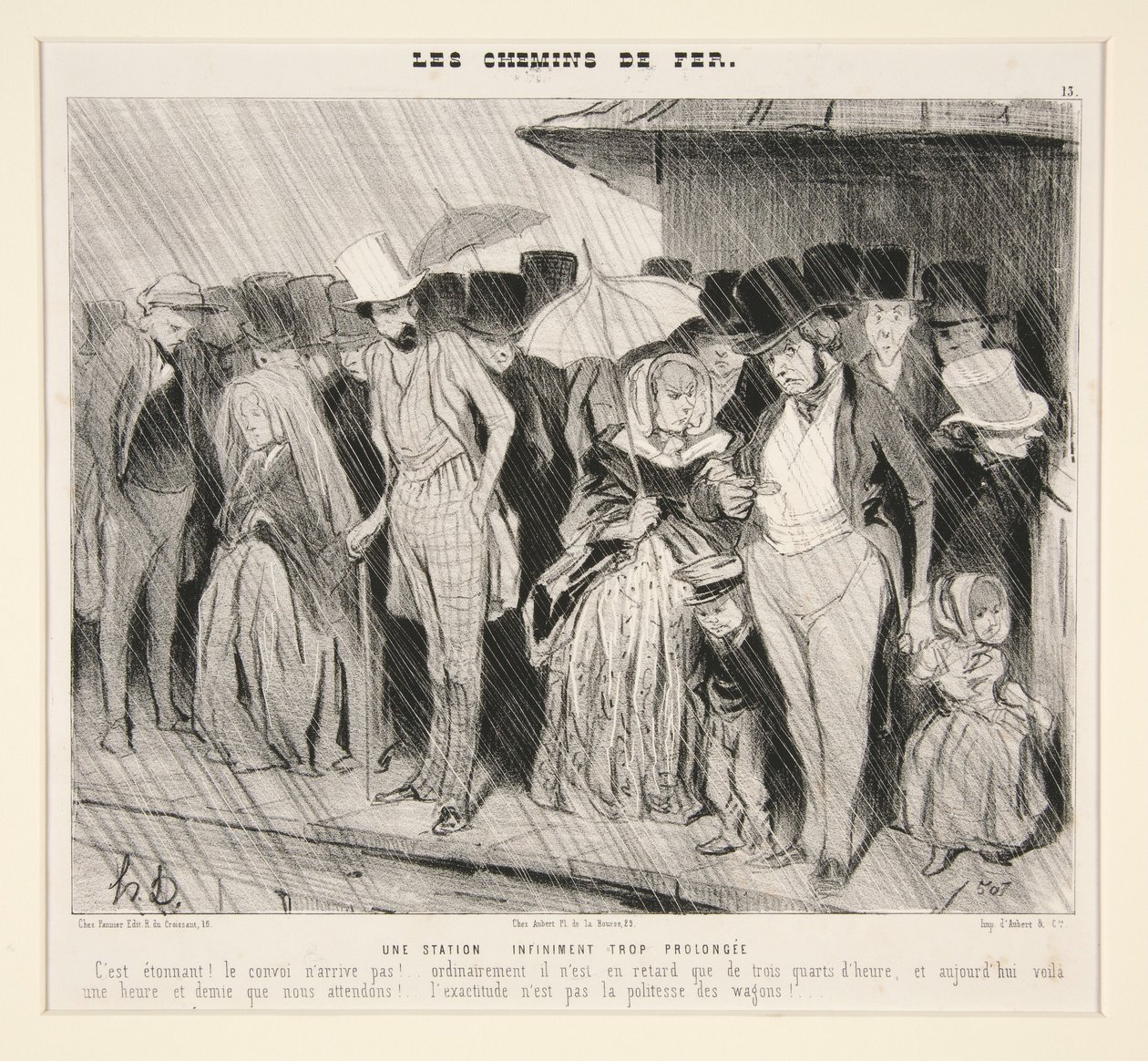 Et uendeligt for langvarigt ophold: Det er forbløffende! Toget kommer ikke!... normalt er det kun tre kvarter forsinket,... fra Les Chemins de Fer, i Le Charivari, 13. november 1843 af Honoré Daumier