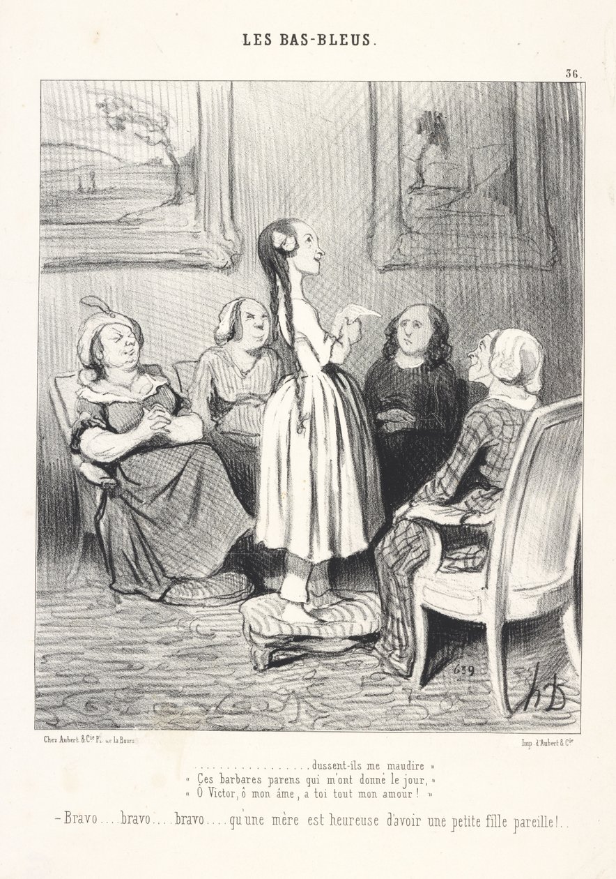 ... lad dem forbande mig! «Disse barbariske forældre, som gav mig livet,» «O Victor, o min sjæl, al min kærlighed er din!» Bravo... bravo... bravo... hvor er en mor lykkelig over at have sådan en lille datter! af Honoré Daumier