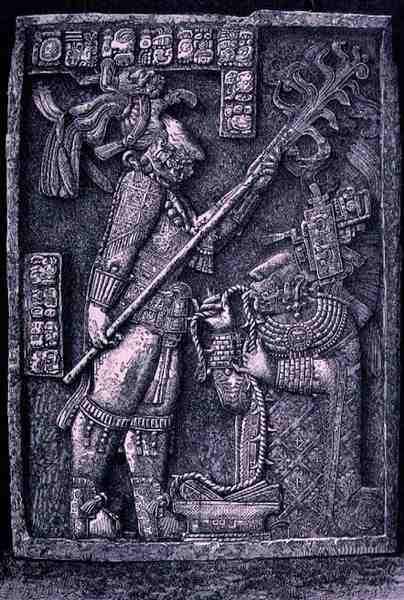 Udskåret stenoverligger fra tempel 23, Yaxchilan, 726 e.Kr., der viser herskeren Shield Jaguar og hans kone, Lady Xoc, der udfører et blodudløbsritual, fra The Ancient Cities of the New World, af Claude-Jos af Honore after Chapuis