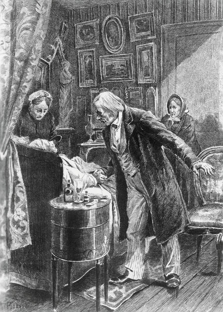 Illustration af Alcide Theophile Robaudi (aktiv 1874-1884) for fætter Pons, roman af Honore de Balzac (1799-1850) fra samling med flere bind med titlen Human Comedy, udgivet i 1900, Paris af Honore de Balzac