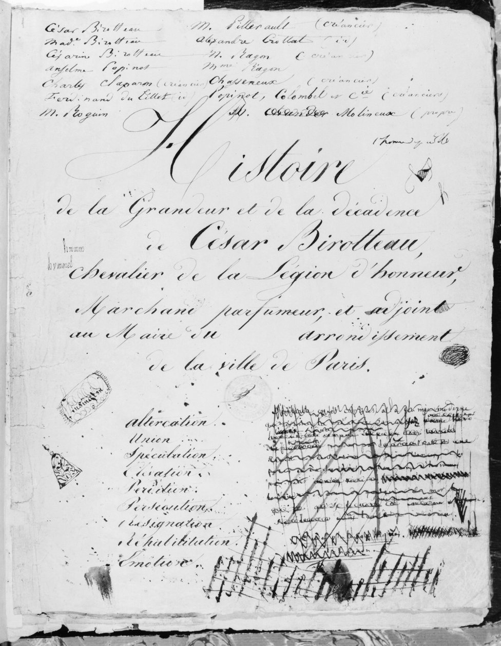 Titelblad til "Histoire de la Grandeur et de la Decadence de Cesar Birotteau", 1839 af Honore de Balzac
