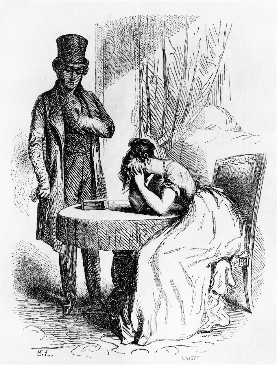Kvinde i fortvivlelse under mandens blik, illustration fra Ferragus af Honore de Balzac (1799-1850), fransk udgave af Honore de Balzac
