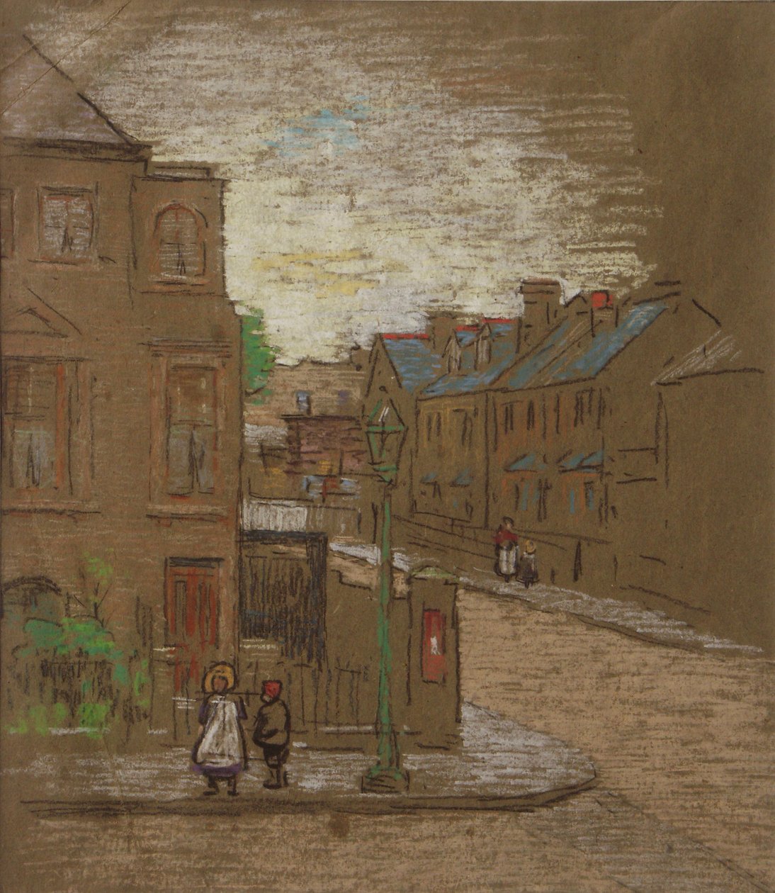 Børn venter på hjørnet af en gade, ca. 1900 (farvet kridt på brunt papir) af Horace Mann Livens
