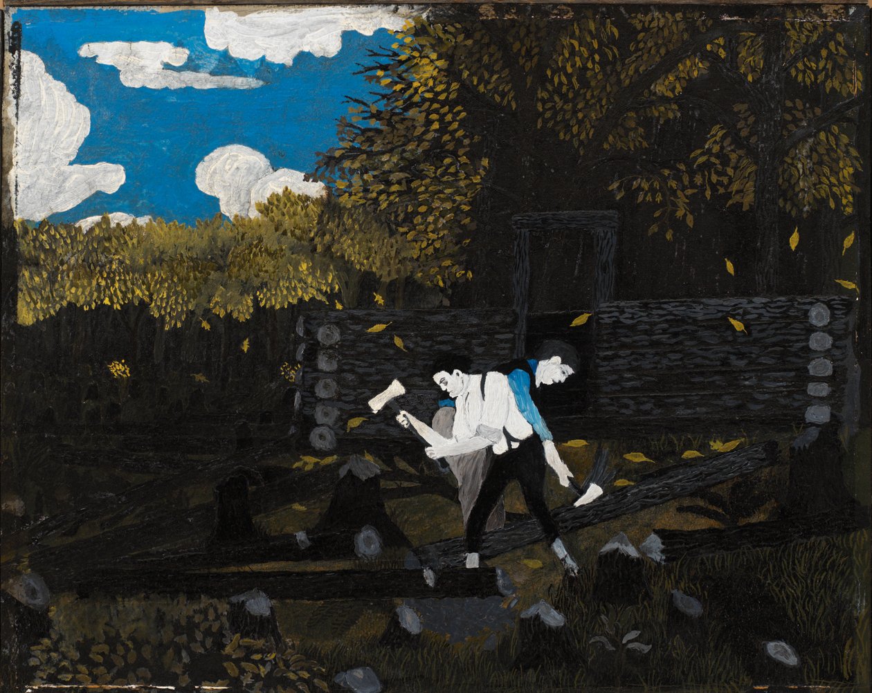 Abraham Lincoln og hans far bygger deres hytte på Pigeon Creek af Horace Pippin