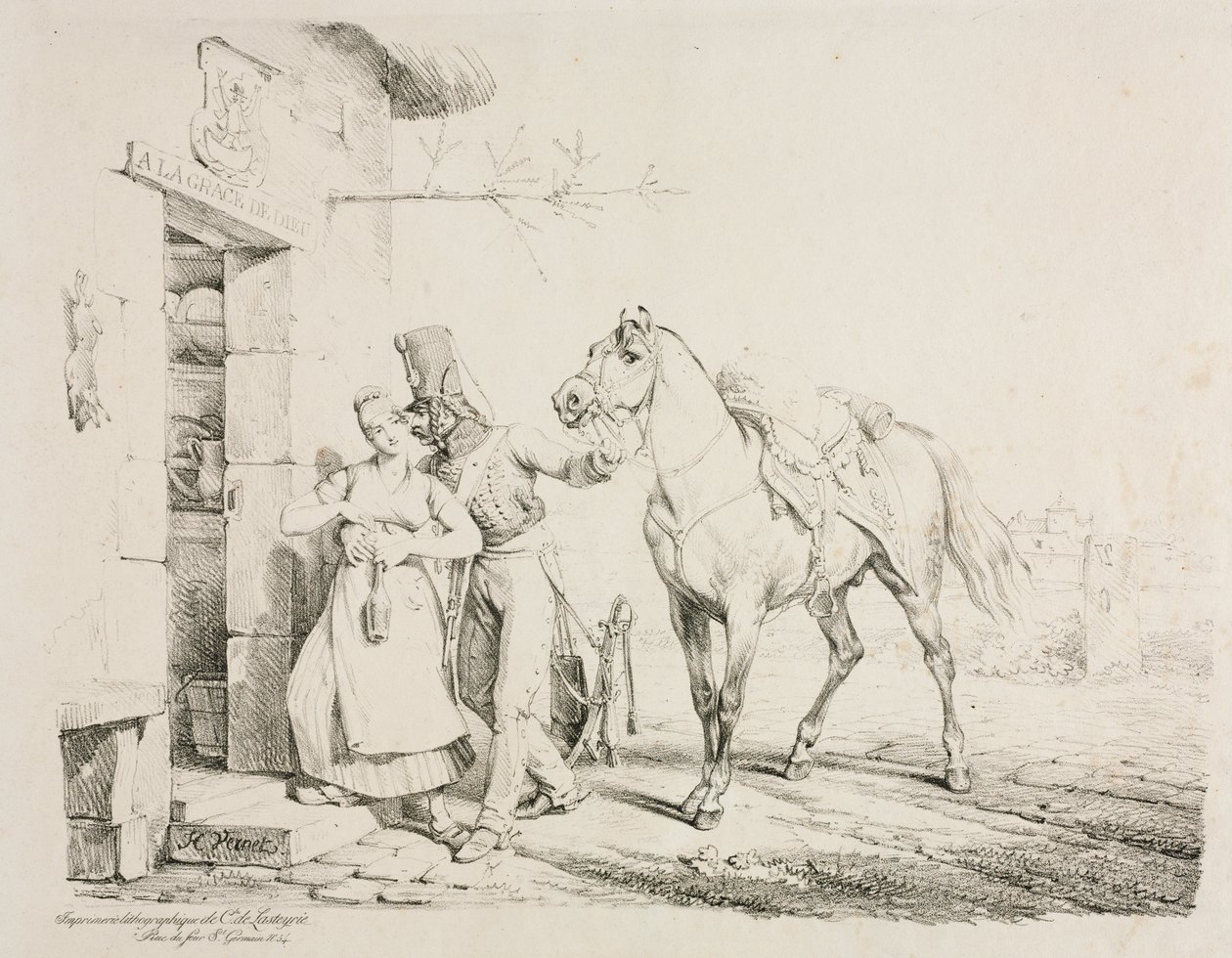En husar, der omfavner en tjener af Emile Jean Horace Vernet