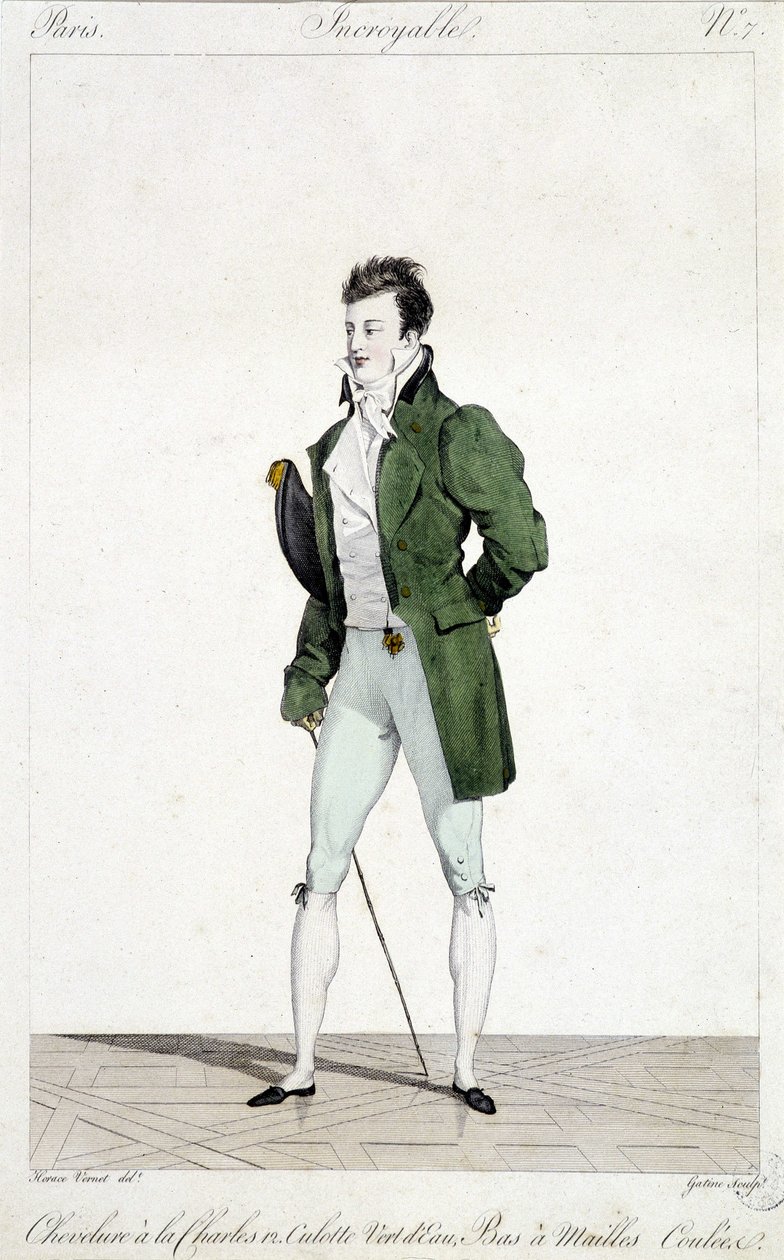 Fantastiske Paris. Manden har Karl XIIs hår, iført vandgrønne trusser og strømmede netstrømper. Illustration af herremode lavet omkring 1810 af Horace Vernet (1789 - 1863). af Emile Jean Horace Vernet