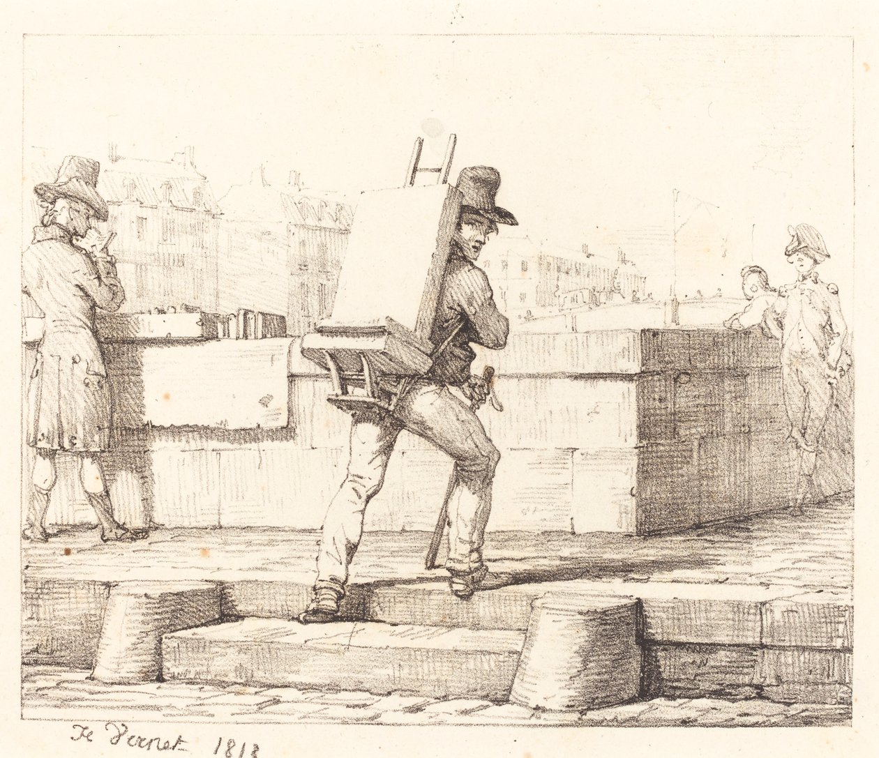 Kunstner bærer staffeli med en litografisk sten af Emile Jean Horace Vernet