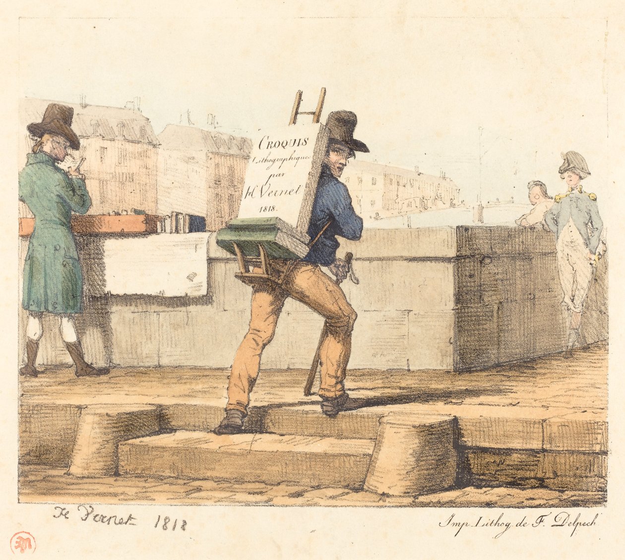 Kunstner bærer staffeli med en litografisk sten af Emile Jean Horace Vernet