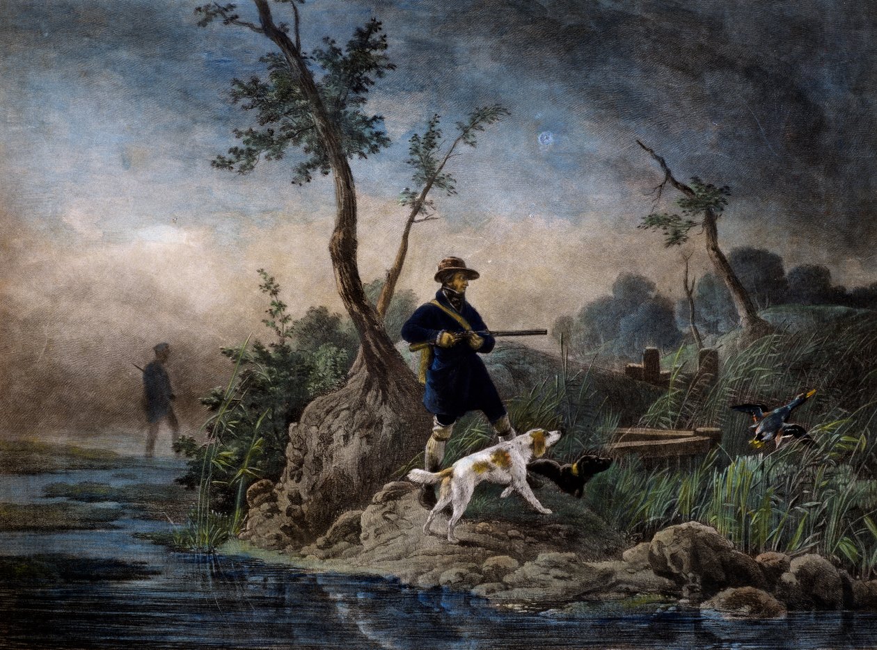 Andejagt i mosen, gravering baseret på maleri af Horace Vernet (1789-1863) af Emile Jean Horace Vernet